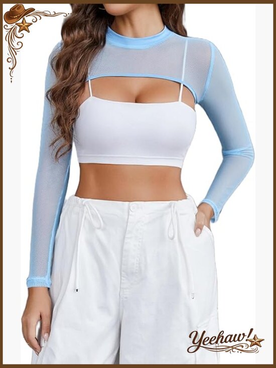 Tops - Long Sleeve Mesh Crop Top Mock Neck Slim Fit See Through Clubwear